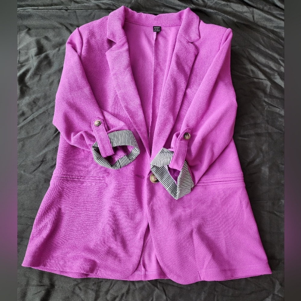 Purple blazer with shoulder pads and striped roll up sleeves